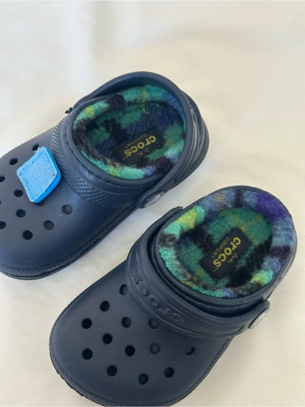 CROCS Kids Navy Clog with Blue Charm & Green/Purple Camo Lining